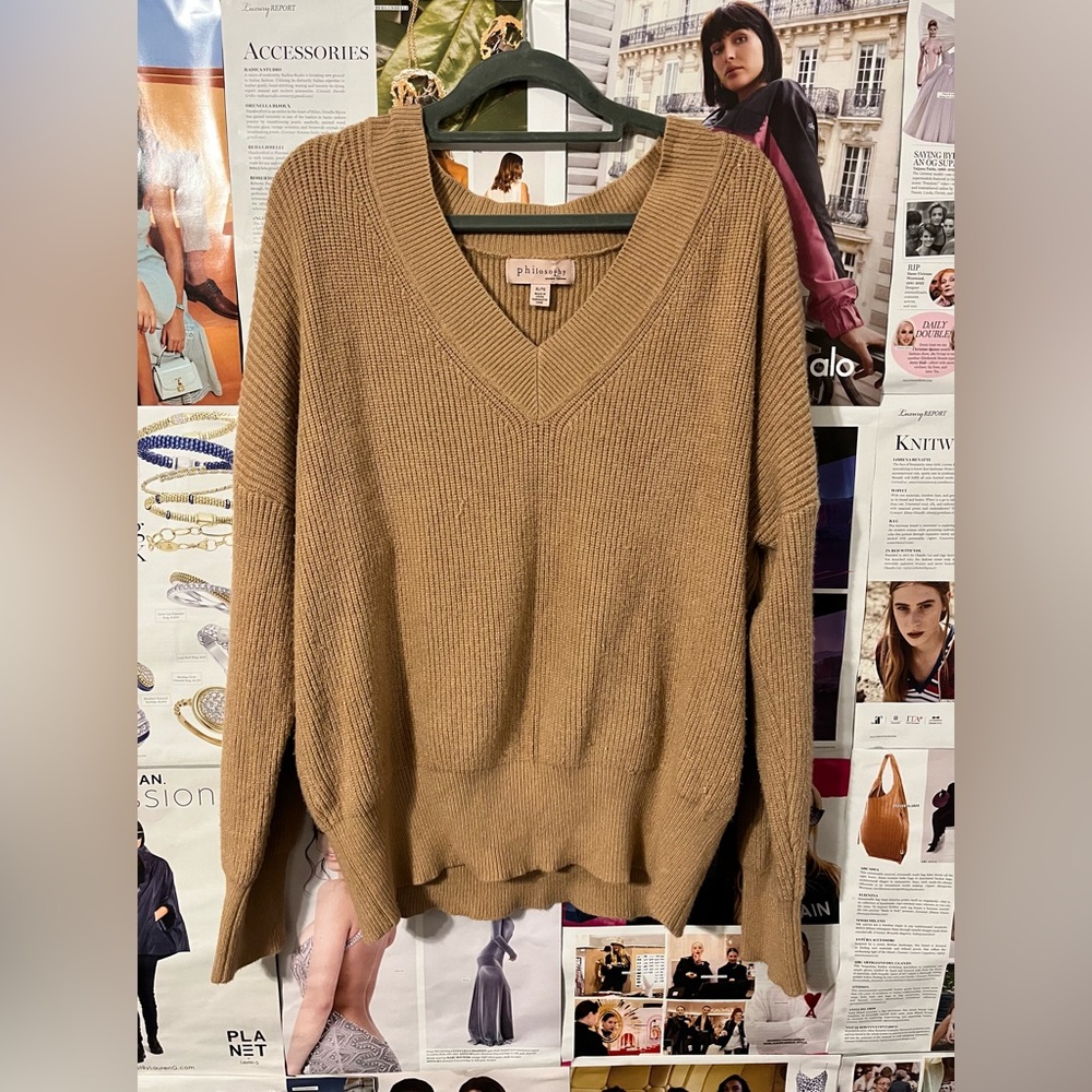 Caramel Rib-Knit V-Neck Sweater